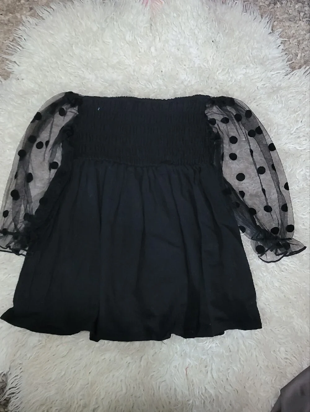 Black Strapless Smocked Mini Dress with Sheer Long Sleeves